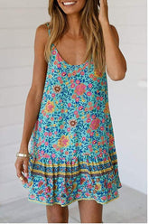 Damen Boho-Kleid mit Blumenmuster, Sommer, ärmellos, verstellbarer Riemen, Strand-Minikleid mit Taschen